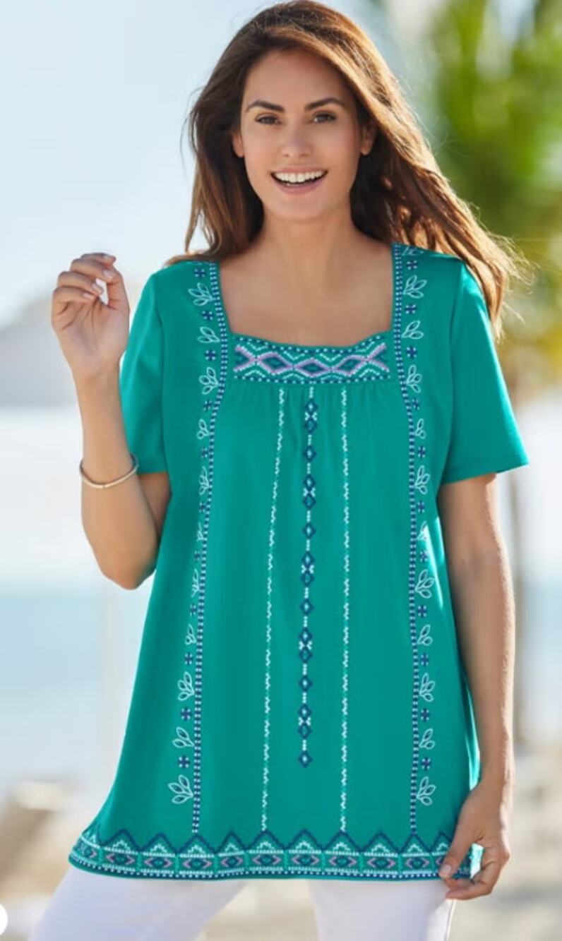 Woman Within Size 18/20 Teal Geo Aztec Embroidered Square Neck Tunic Top READ